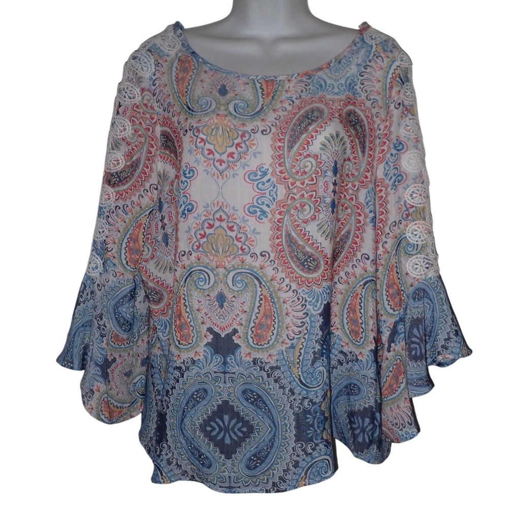 Fyve Womens Paisley Print Bell Sleeve Blouse Top Boho Chic Size M Tunic Flowy‎